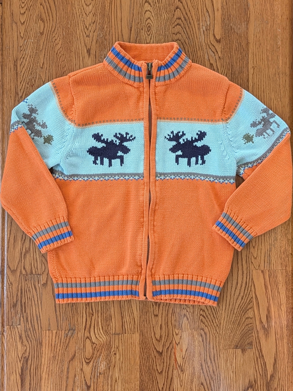 Hanna Andersson Kids Boys Orange Moose Full Zip Cotton Sweater